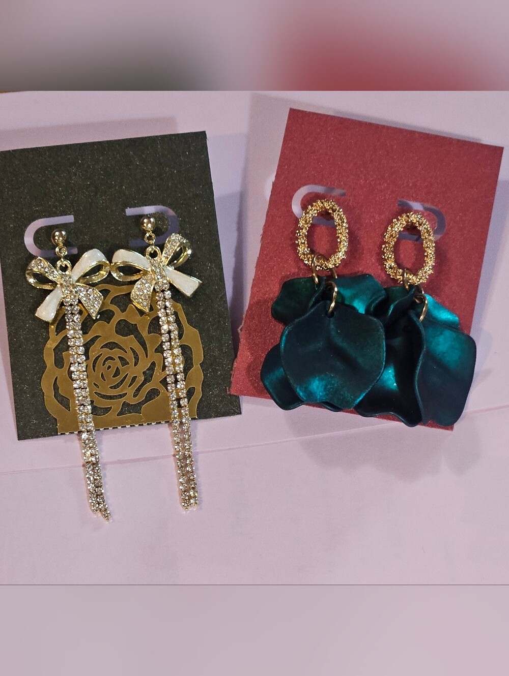 Gold Bow & Crystal Drop Earrings and Teal Petal Dangle Earrings FIRE!
